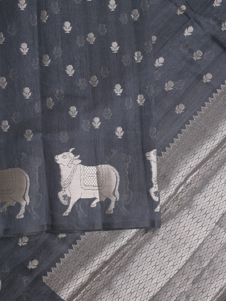 Mangalagiri fancy saree dark grey color allover zari motifs & zari border with brocade pallu and brocade blouse