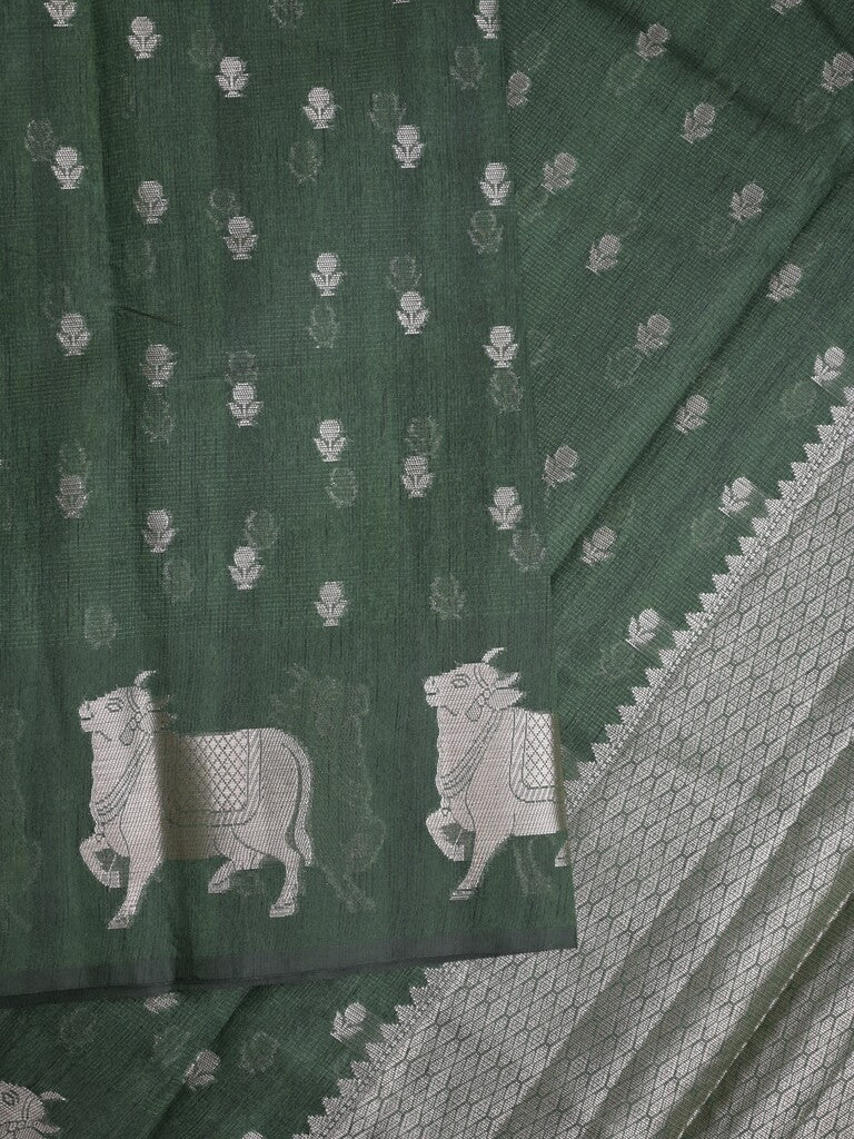 Mangalagiri fancy saree dark green color allover zari motifs & zari border with brocade pallu and brocade blouse