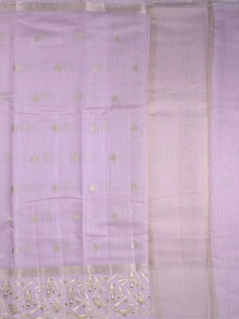 Chanderi fancy saree light lavender color allover zari motifs & zari border with brocade pallu and attached plain blouse