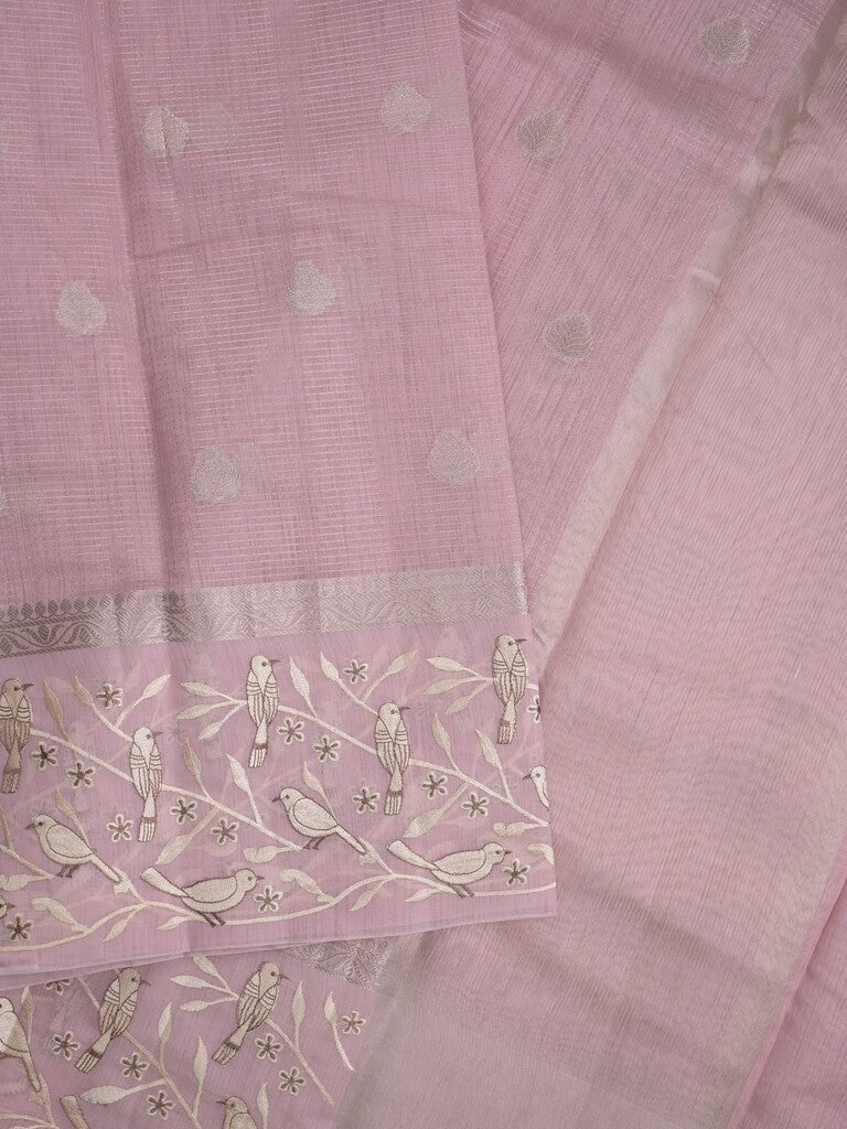 Chanderi fancy saree onion pink color allover zari motifs & zari border with brocade pallu and attached plain blouse