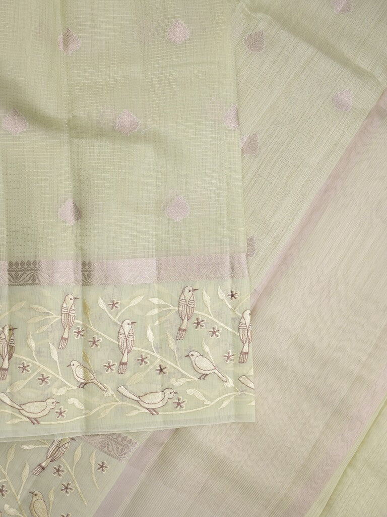 Chanderi fancy saree light pista green color allover zari motifs & zari border with brocade pallu and attached plain blouse