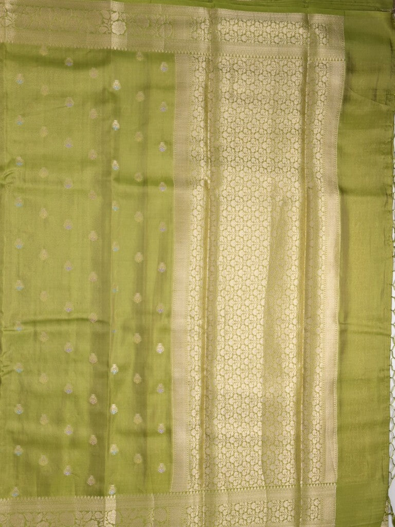 Organza tissue fancy saree parrot green color allover zari weaves & zari border with brocade pallu and attached brocade blouse