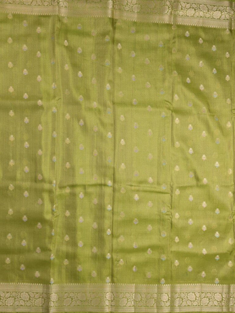 Organza tissue fancy saree parrot green color allover zari weaves & zari border with brocade pallu and attached brocade blouse