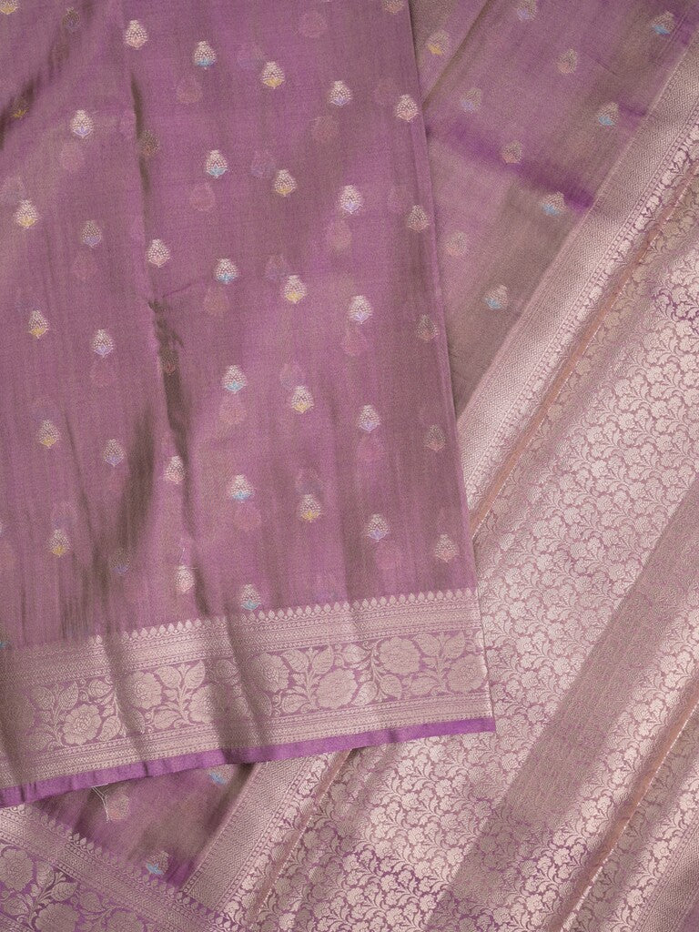 Organza tissue fancy saree purple color allover zari weaves & zari border with brocade pallu and attached brocade blouse