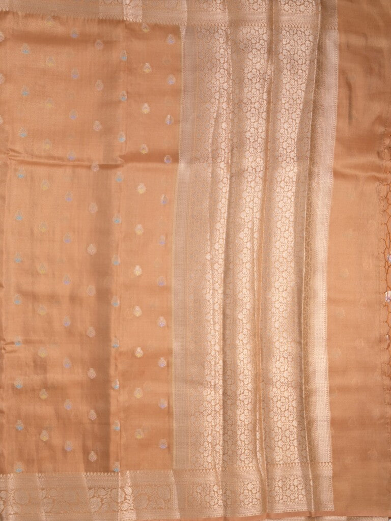 Organza tissue fancy saree peach color allover zari weaves & zari border with brocade pallu and attached brocade blouse