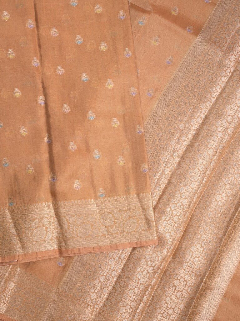 Organza tissue fancy saree peach color allover zari weaves & zari border with brocade pallu and attached brocade blouse