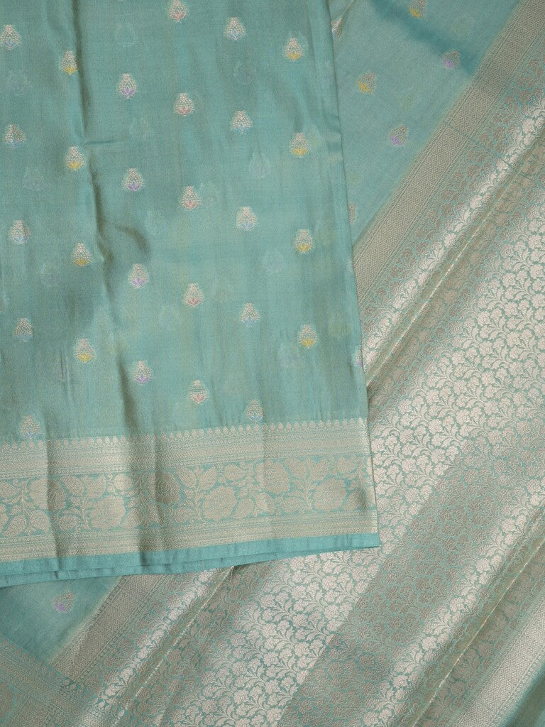 Organza tissue fancy saree sky blue color allover zari weaves & zari border with brocade pallu and attached brocade blouse