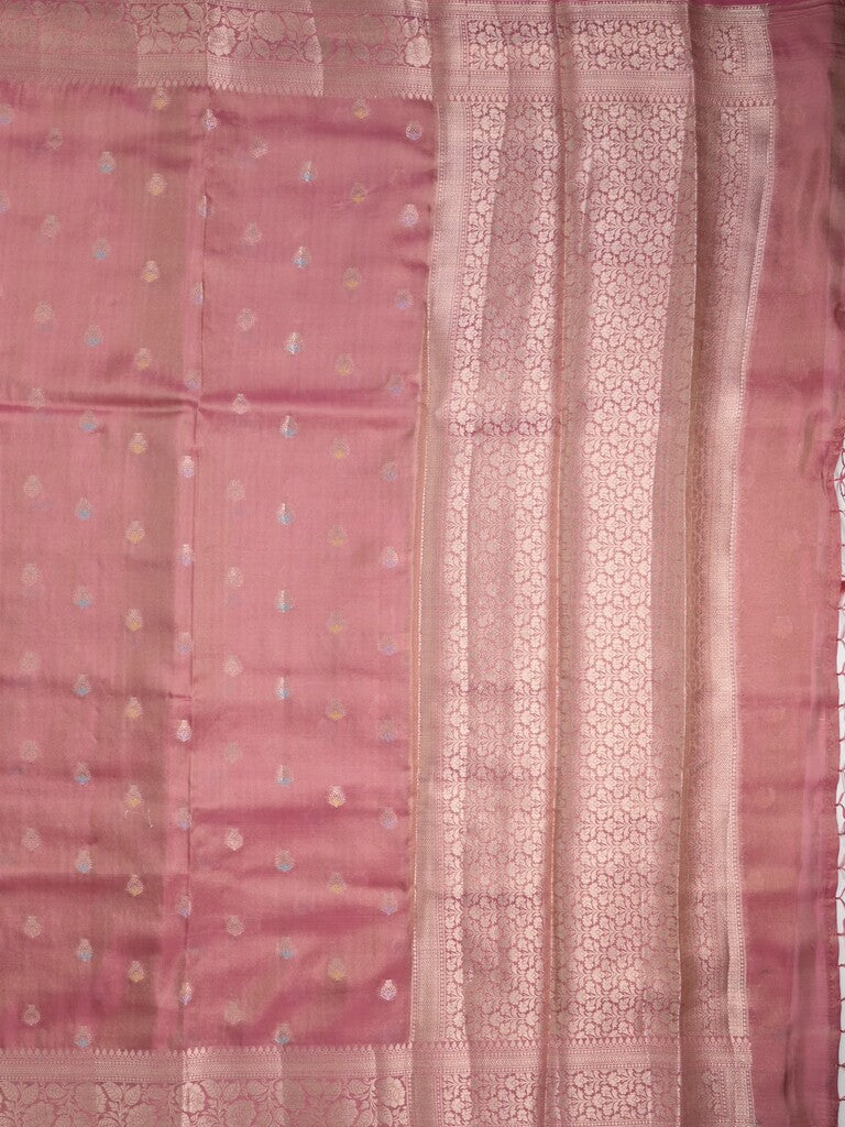 Organza tissue fancy saree pink color allover zari weaves & zari border with brocade pallu and attached brocade blouse