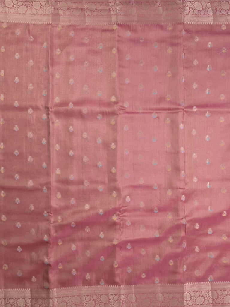 Organza tissue fancy saree pink color allover zari weaves & zari border with brocade pallu and attached brocade blouse
