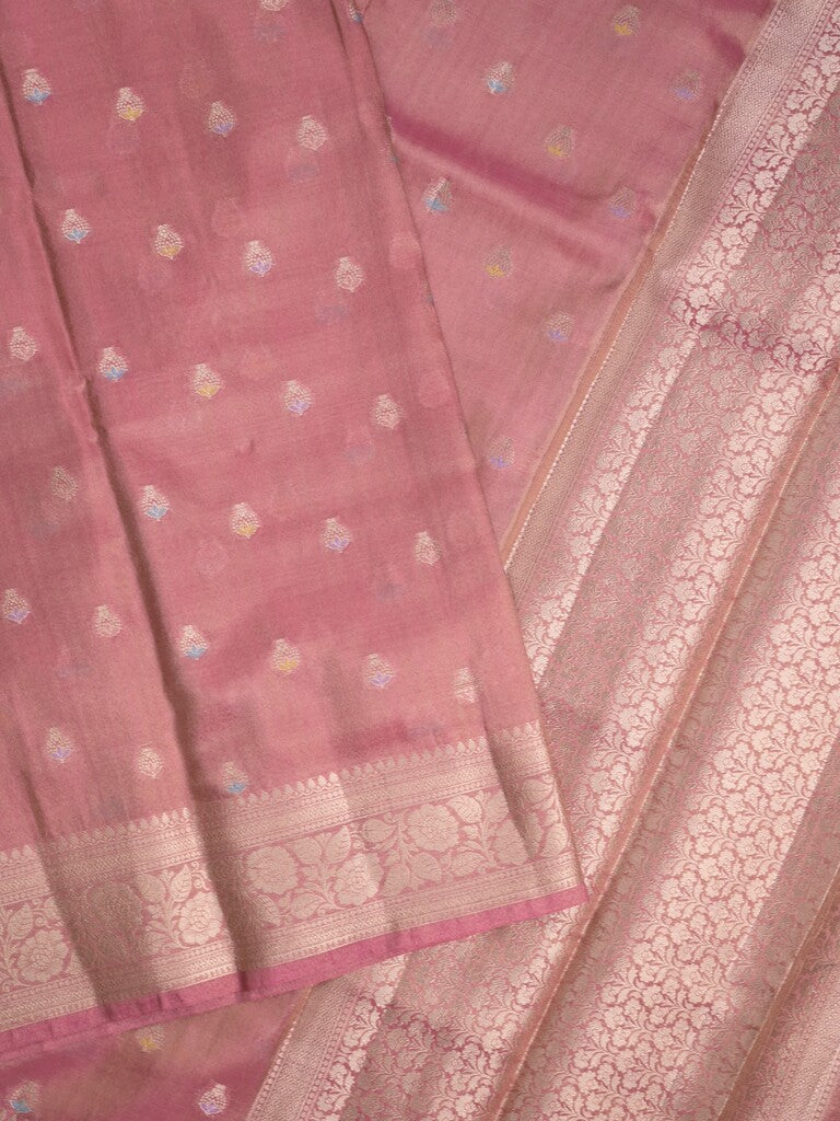 Organza tissue fancy saree pink color allover zari weaves & zari border with brocade pallu and attached brocade blouse