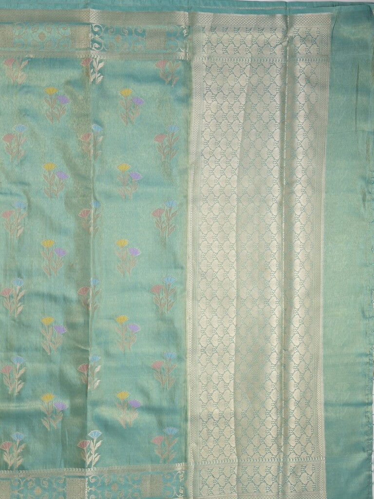 Organza tissue fancy saree sky blue color allover zari weaves & zari border with brocade pallu and attached brocade blouse