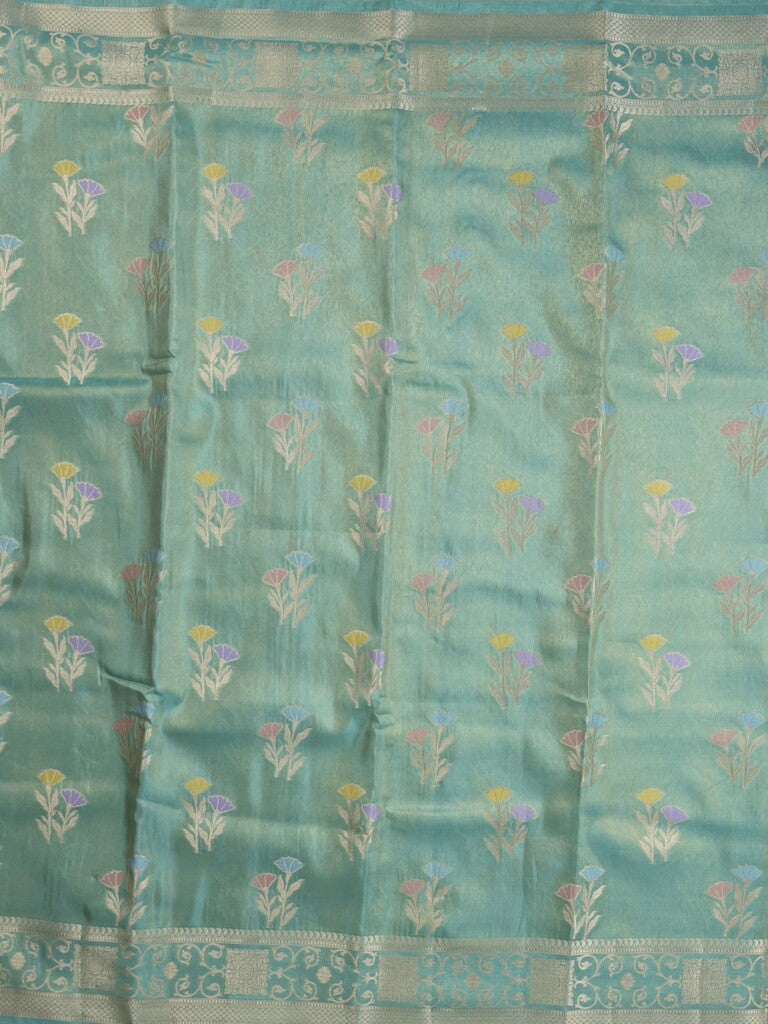 Organza tissue fancy saree sky blue color allover zari weaves & zari border with brocade pallu and attached brocade blouse