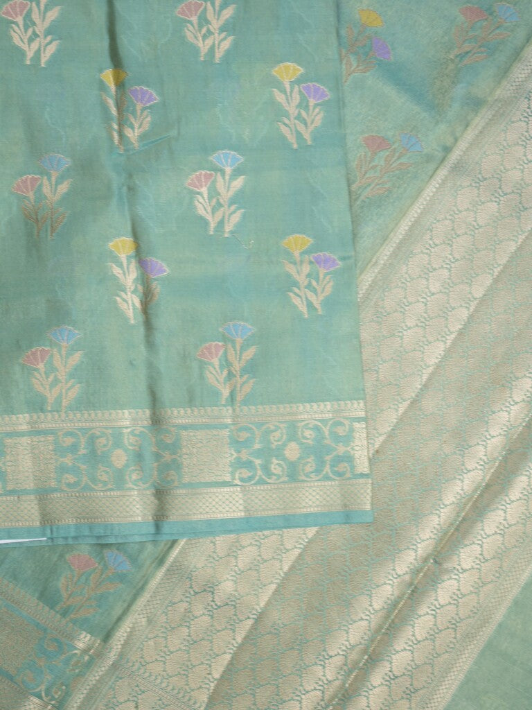 Organza tissue fancy saree sky blue color allover zari weaves & zari border with brocade pallu and attached brocade blouse