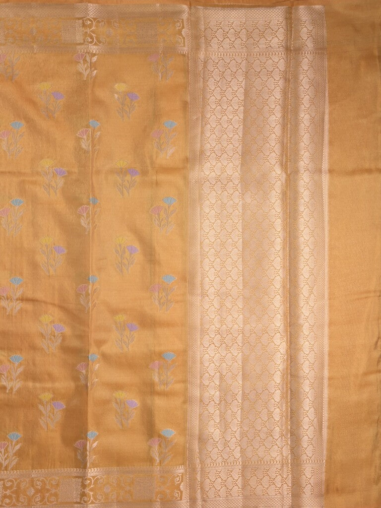 Organza tissue fancy saree mustard yellow color allover zari weaves & zari border with brocade pallu and attached brocade blouse