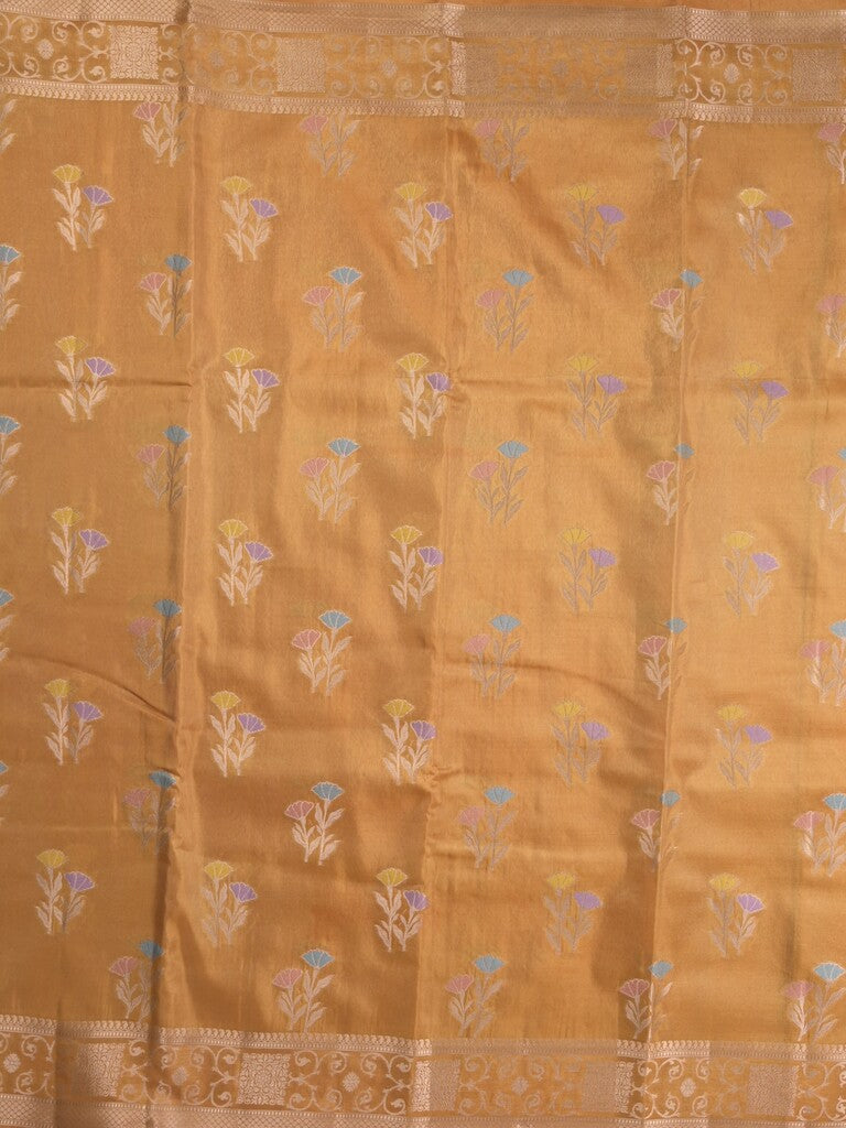 Organza tissue fancy saree mustard yellow color allover zari weaves & zari border with brocade pallu and attached brocade blouse