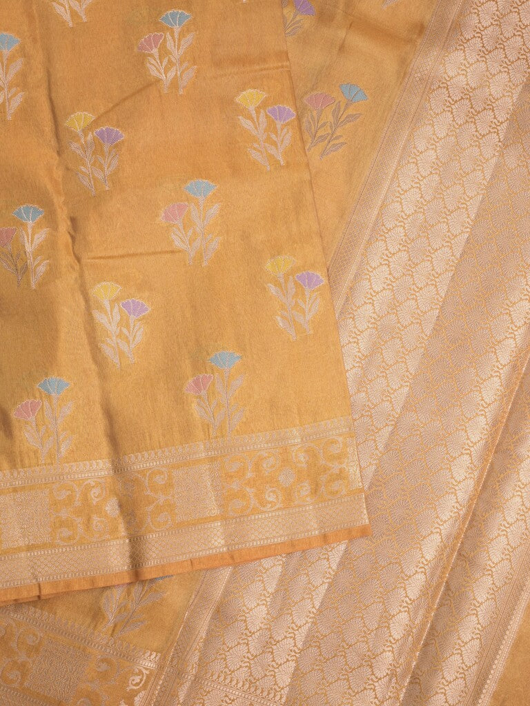 Organza tissue fancy saree mustard yellow color allover zari weaves & zari border with brocade pallu and attached brocade blouse