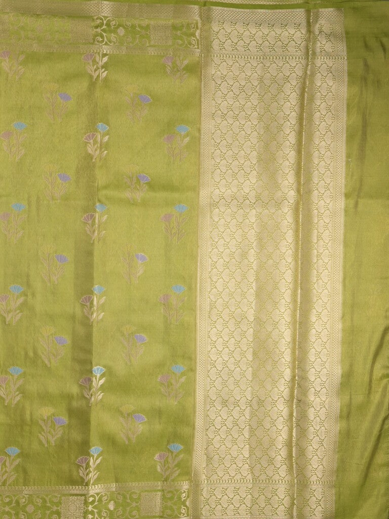 Organza tissue fancy saree parrot green color allover zari weaves & zari border with brocade pallu and attached brocade blouse