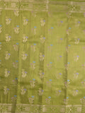 Organza tissue fancy saree parrot green color allover zari weaves & zari border with brocade pallu and attached brocade blouse