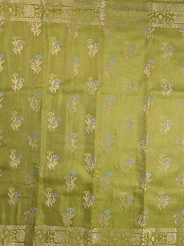 Organza tissue fancy saree parrot green color allover zari weaves & zari border with brocade pallu and attached brocade blouse