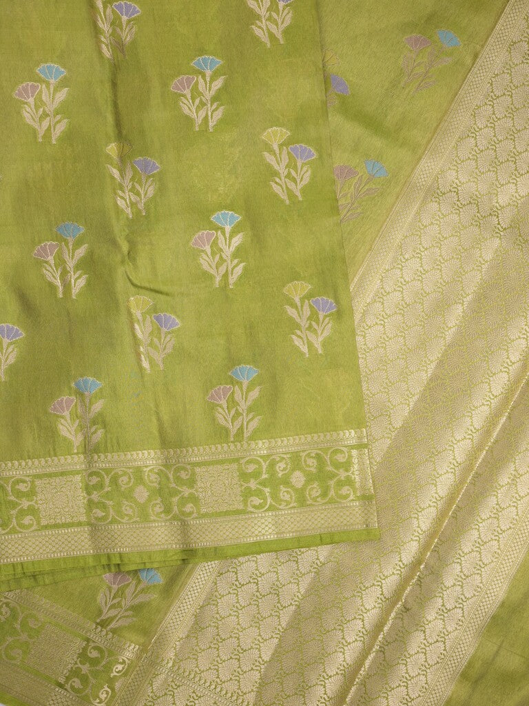 Organza tissue fancy saree parrot green color allover zari weaves & zari border with brocade pallu and attached brocade blouse