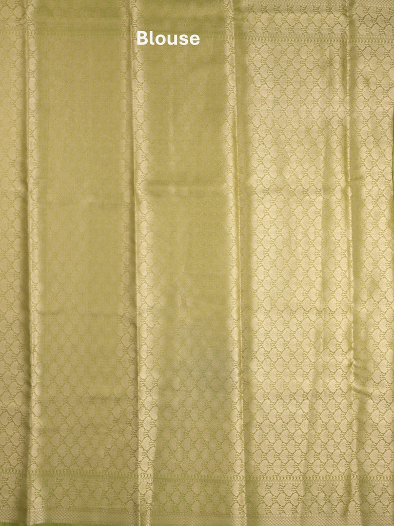 Organza tissue fancy saree parrot green color allover zari weaves & zari border with brocade pallu and attached brocade blouse