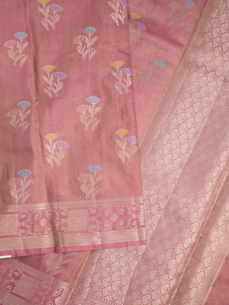 Organza tissue fancy saree onion pink color allover zari weaves & zari border with brocade pallu and attached brocade blouse