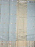 Chanderi fancy saree light blue color allover zari motifs & zari border with brocade pallu and attached plain blouse