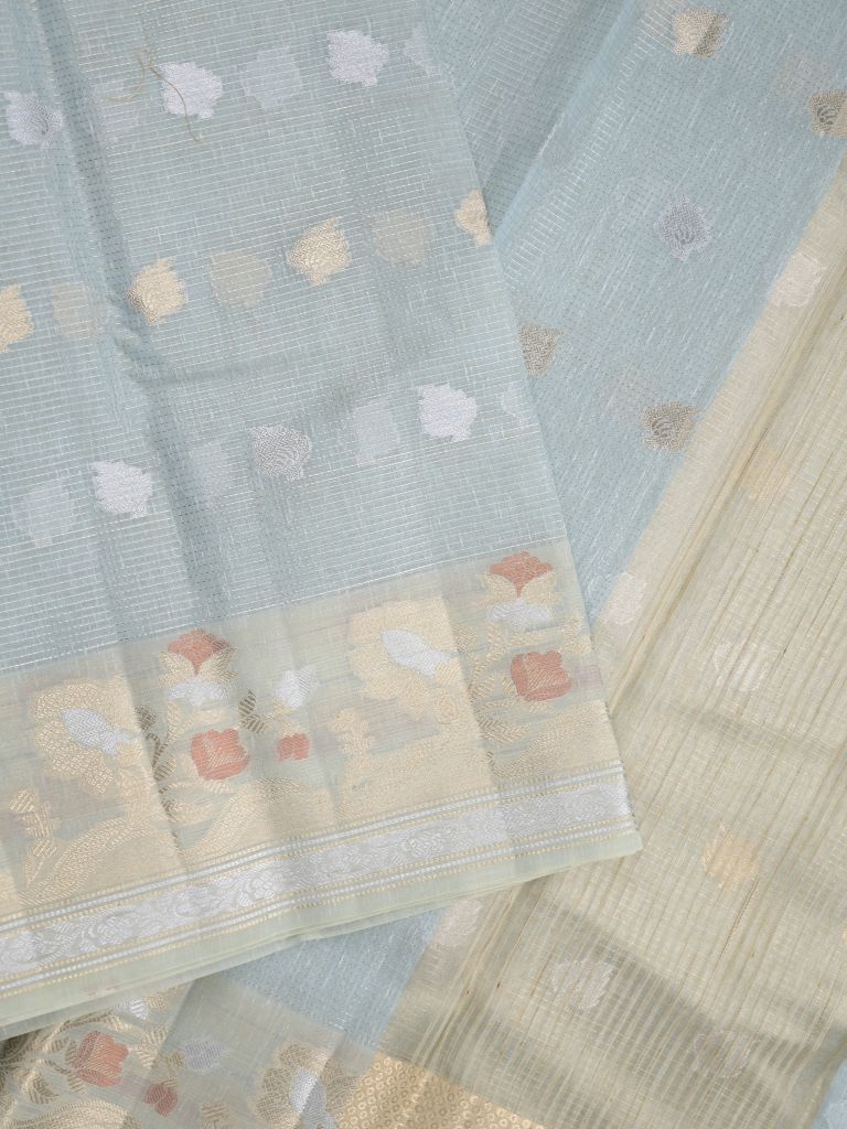 Chanderi fancy saree light blue color allover zari motifs & zari border with brocade pallu and attached plain blouse