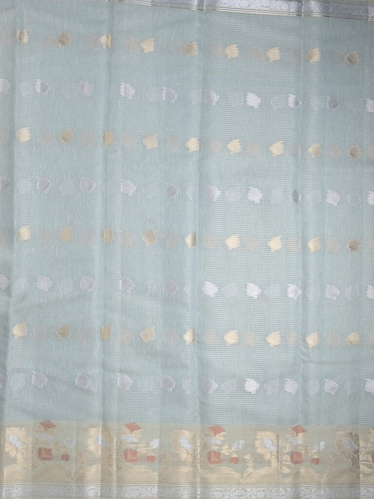Chanderi fancy saree light blue color allover zari motifs & zari border with brocade pallu and attached plain blouse