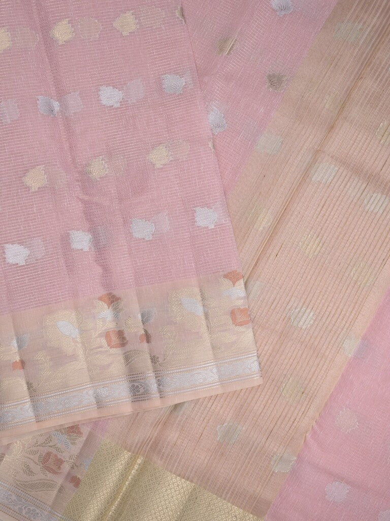 Chanderi fancy saree light pink color allover zari motifs & zari border with brocade pallu and attached plain blouse