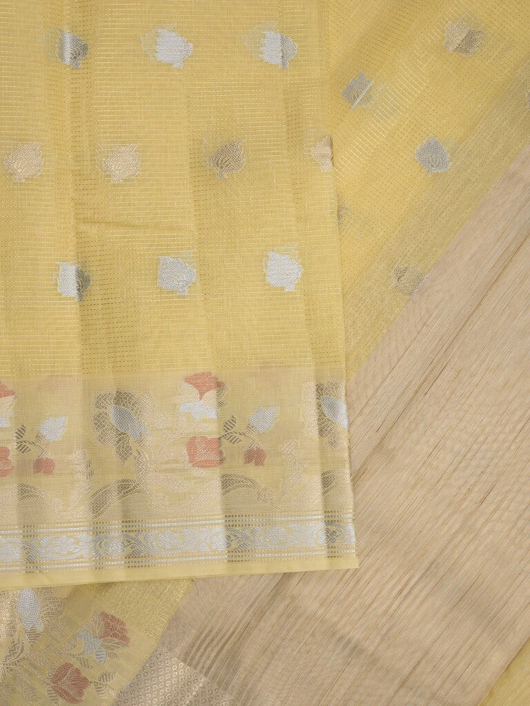 Chanderi fancy saree light yellow color allover zari motifs & zari border with brocade pallu and attached plain blouse