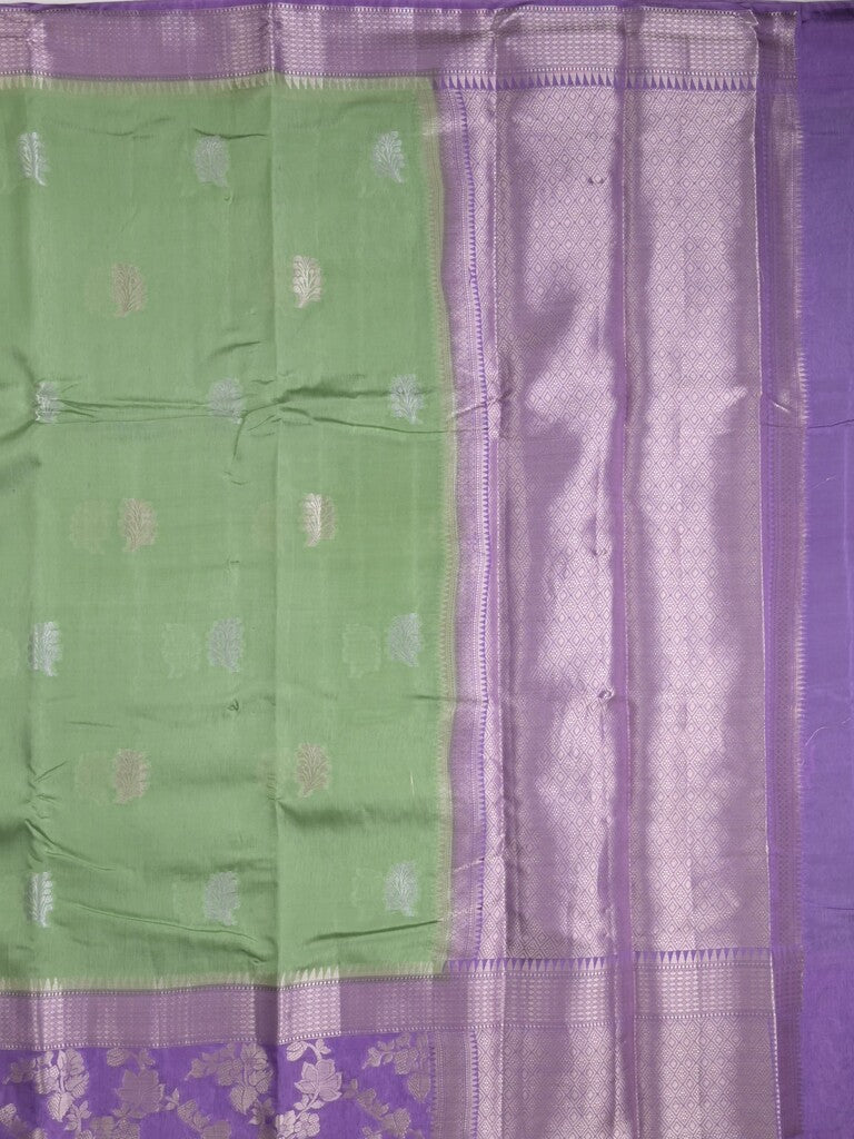 Raw mango fancy saree pista green color allover zari weaves & zari border with brocade pallu and plain blouse
