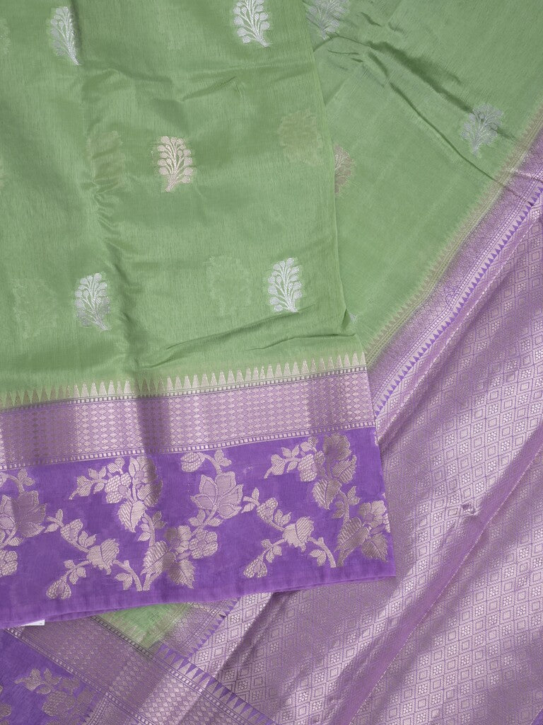 Raw mango fancy saree pista green color allover zari weaves & zari border with brocade pallu and plain blouse