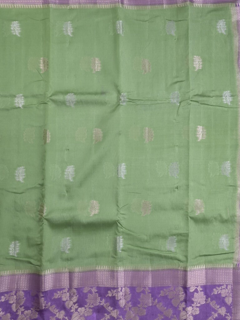 Raw mango fancy saree pista green color allover zari weaves & zari border with brocade pallu and plain blouse