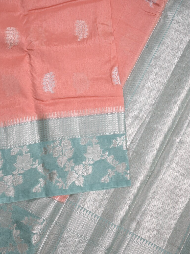 Raw mango fancy saree light pink color allover zari weaves & zari border with brocade pallu and plain blouse