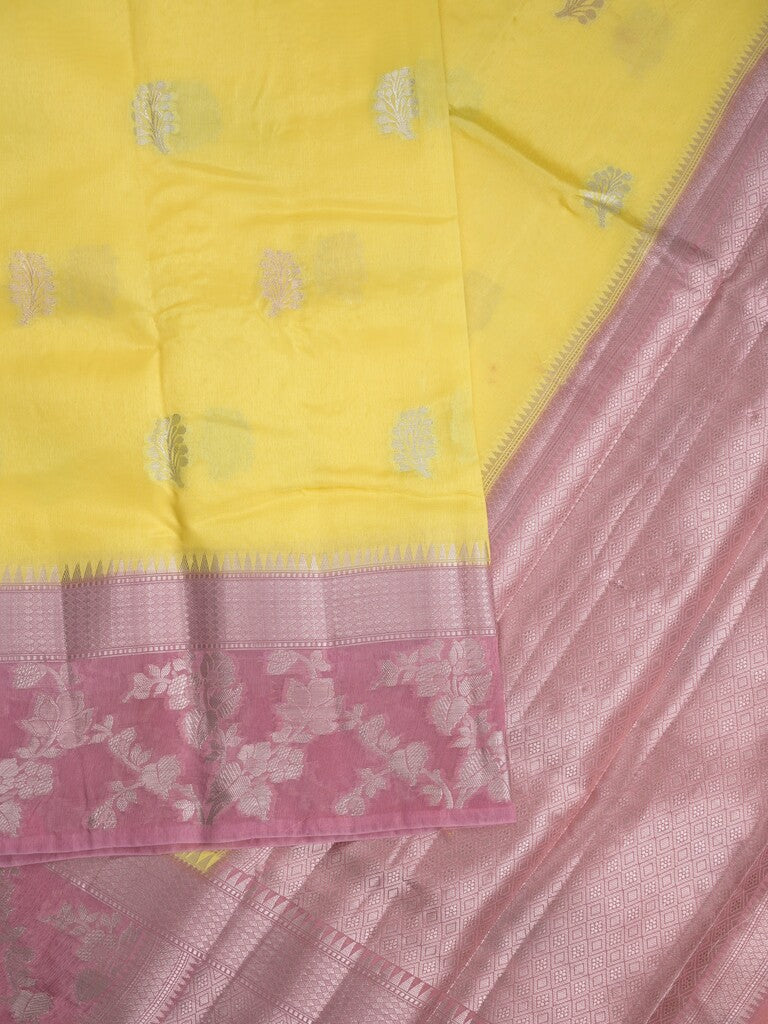 Raw mango fancy saree yellow color allover zari weaves & zari border with brocade pallu and plain blouse