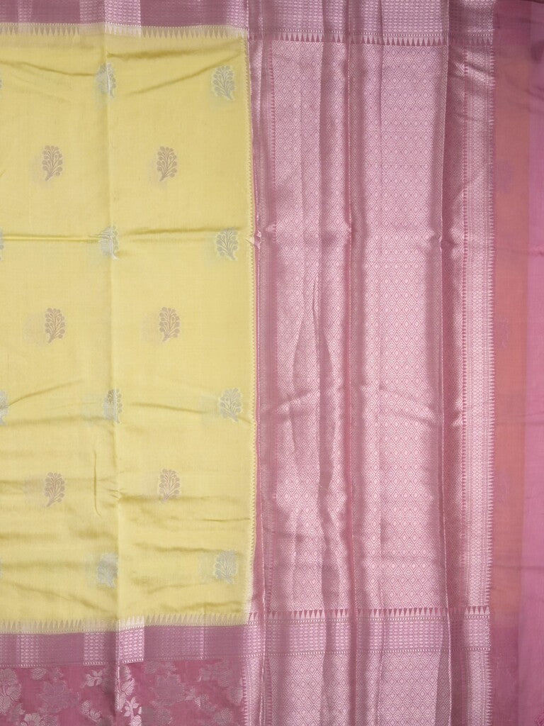 Raw mango fancy saree pastel yellow color allover zari weaves & zari border with brocade pallu and plain blouse