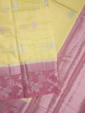 Raw mango fancy saree pastel yellow color allover zari weaves & zari border with brocade pallu and plain blouse