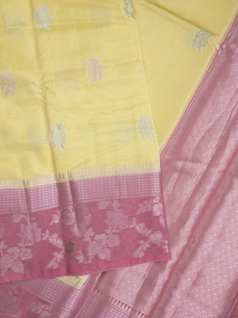 Raw mango fancy saree pastel yellow color allover zari weaves & zari border with brocade pallu and plain blouse