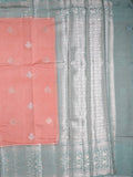 Raw mango fancy saree coral pink color allover zari weaves & zari border with brocade pallu and plain blouse