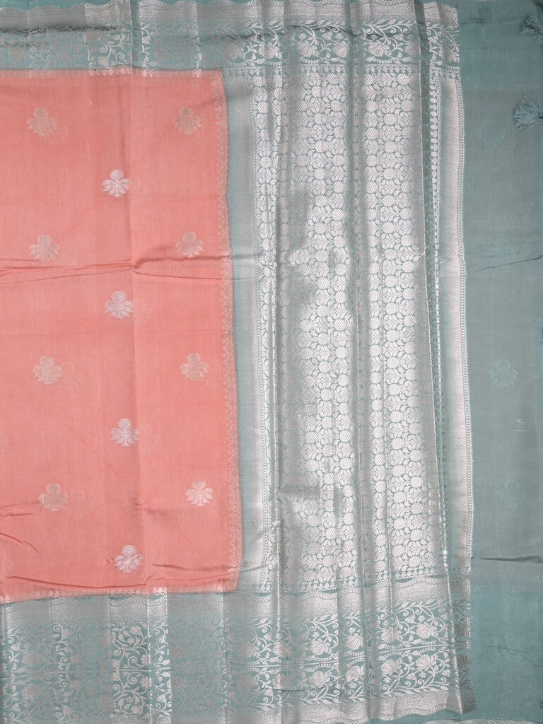 Raw mango fancy saree coral pink color allover zari weaves & zari border with brocade pallu and plain blouse