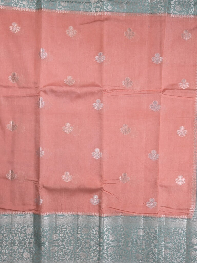 Raw mango fancy saree coral pink color allover zari weaves & zari border with brocade pallu and plain blouse