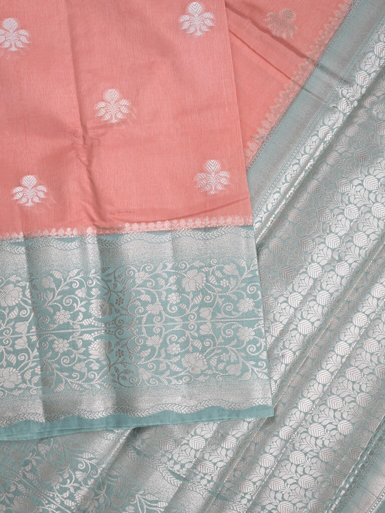 Raw mango fancy saree coral pink color allover zari weaves & zari border with brocade pallu and plain blouse