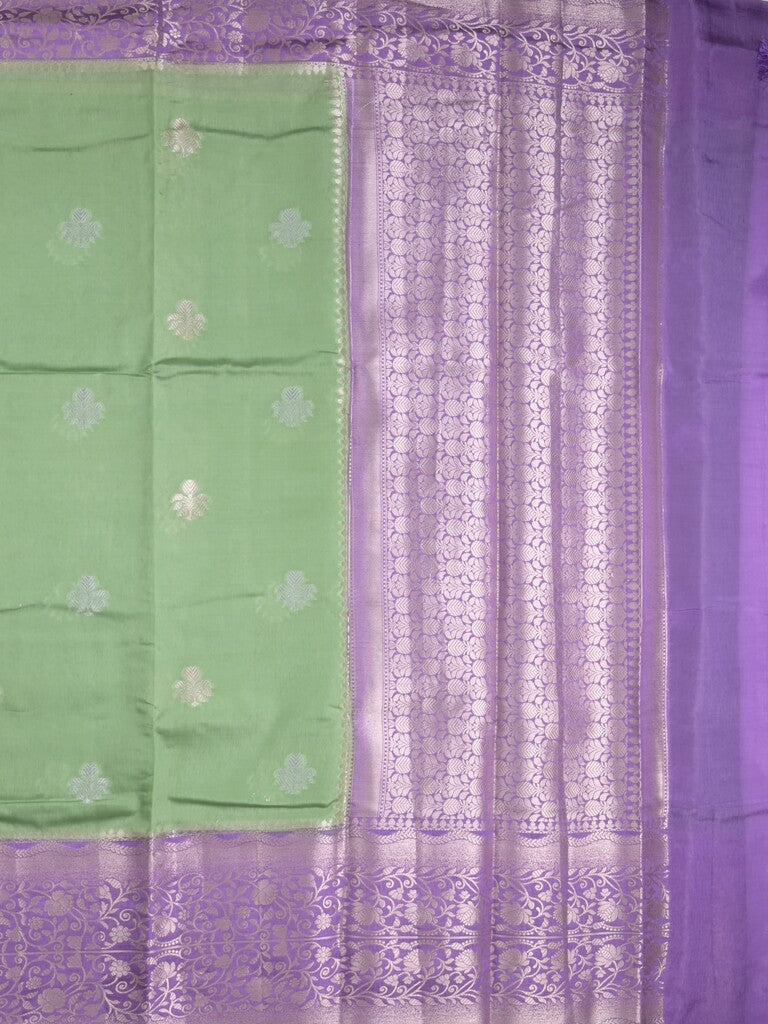 Raw mango fancy saree pista green color allover zari weaves & zari border with brocade pallu and plain blouse