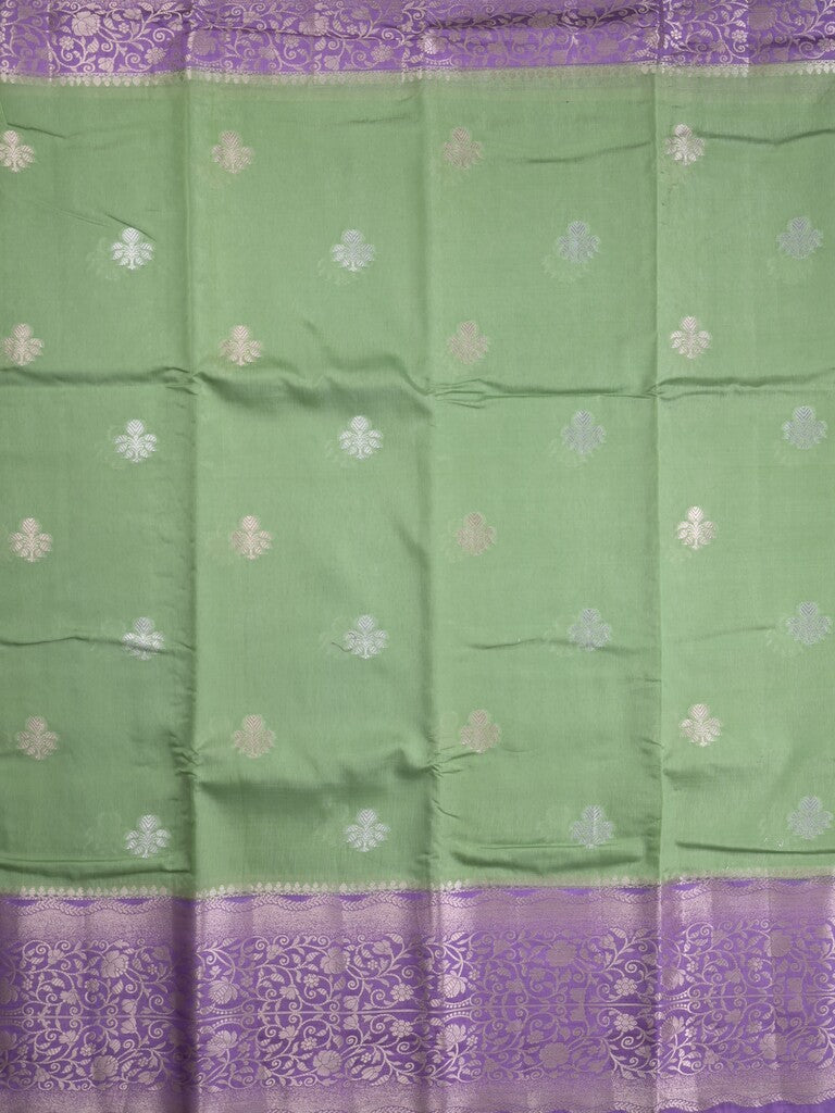 Raw mango fancy saree pista green color allover zari weaves & zari border with brocade pallu and plain blouse