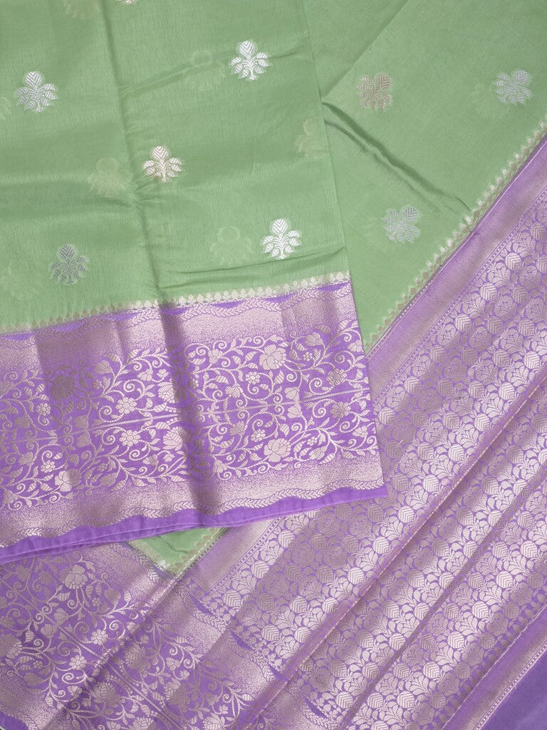 Raw mango fancy saree pista green color allover zari weaves & zari border with brocade pallu and plain blouse