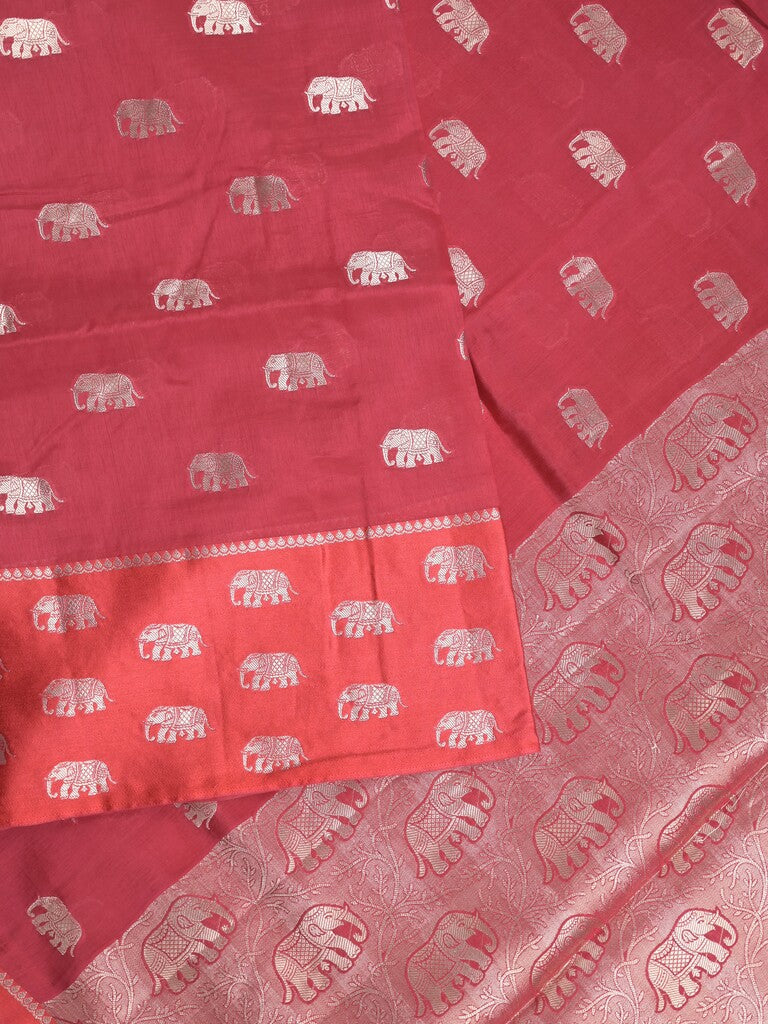 Raw mango fancy saree red color allover zari motifs & zari border with brocade pallu and contrast plain blouse