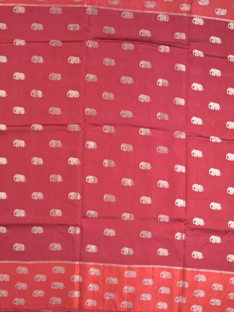 Raw mango fancy saree red color allover zari motifs & zari border with brocade pallu and contrast plain blouse