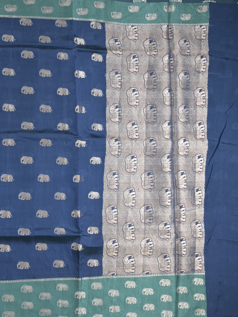 Raw mango fancy saree navy blue color allover zari motifs & zari border with brocade pallu and contrast plain blouse