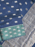 Raw mango fancy saree navy blue color allover zari motifs & zari border with brocade pallu and contrast plain blouse
